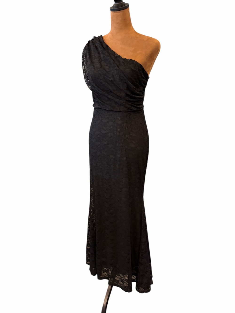 Angvns Dress Black Lace Dress‎ One Shoulder Semi Sheer Formal Elegant NEW Medium